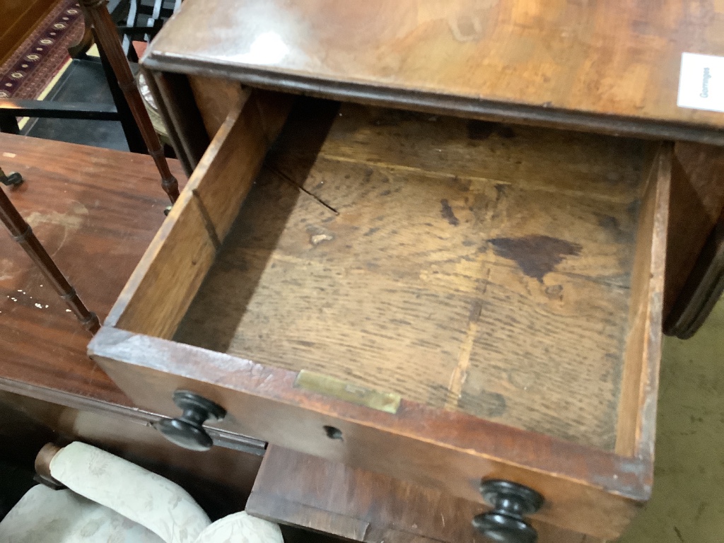 A Regency mahogany drop leaf work table, width 50cm depth 35cm height 68cm